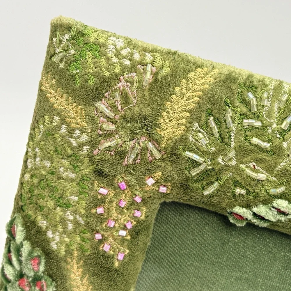 Velvet Beaded Picture Frame Green Floral Garden Embroidered Cottagecore 5x7